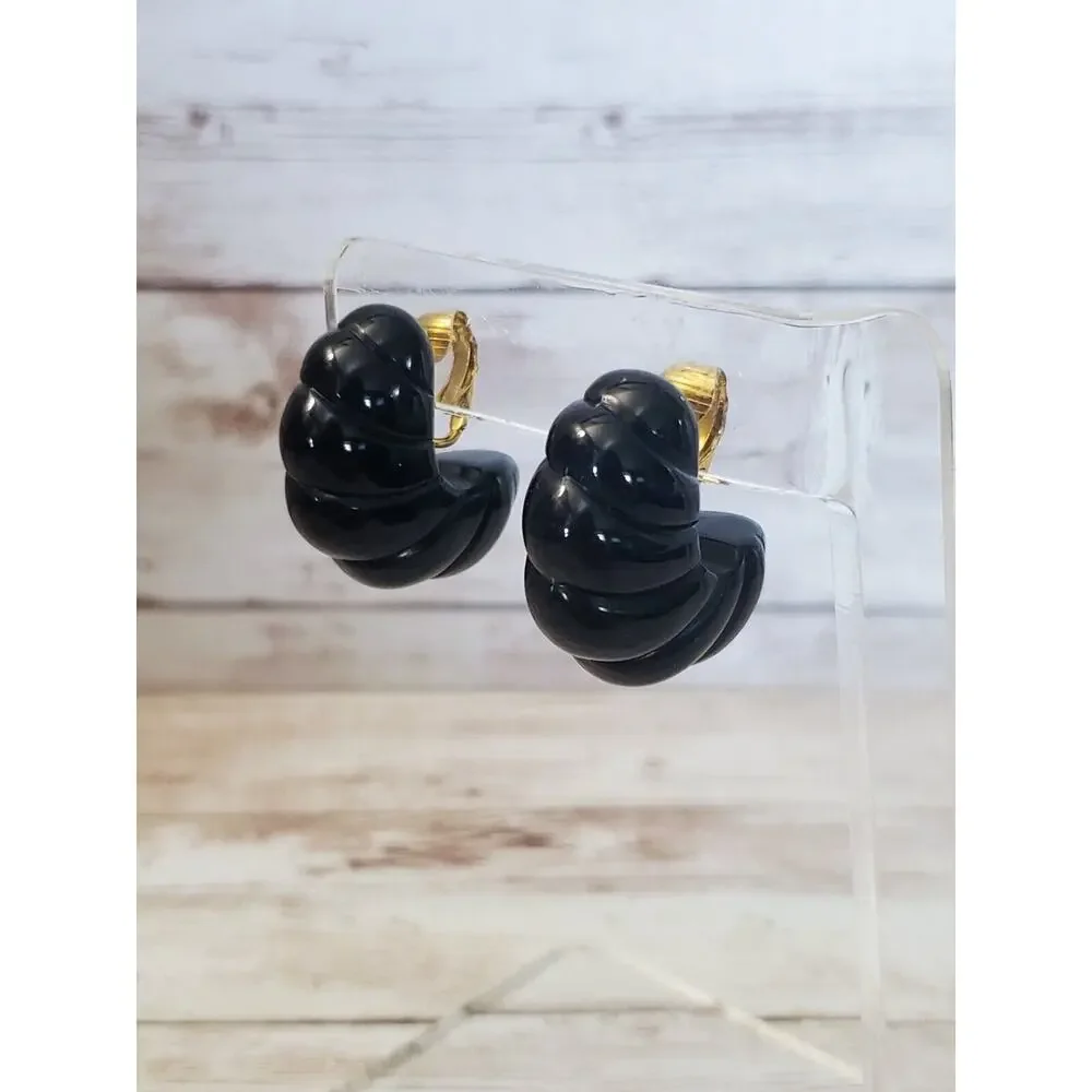 Vintage Clip On Earrings - Chunky Ribbed Black Hoops Large 1 & 1/8